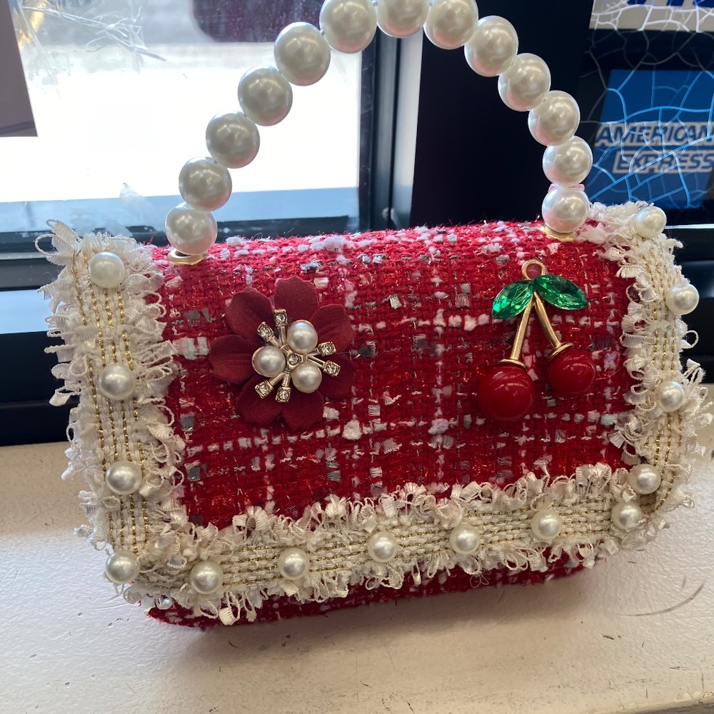 New Cherry Red Faux Pearls Fashion Tweed Mini Kelly Bag + crossbody strap gift